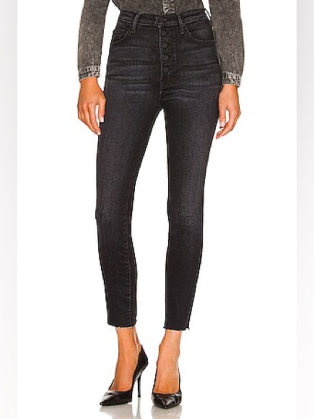MOTHER The Pixie Swooner Ankle Fray Jeans Thunder Road Washed Black Size 24